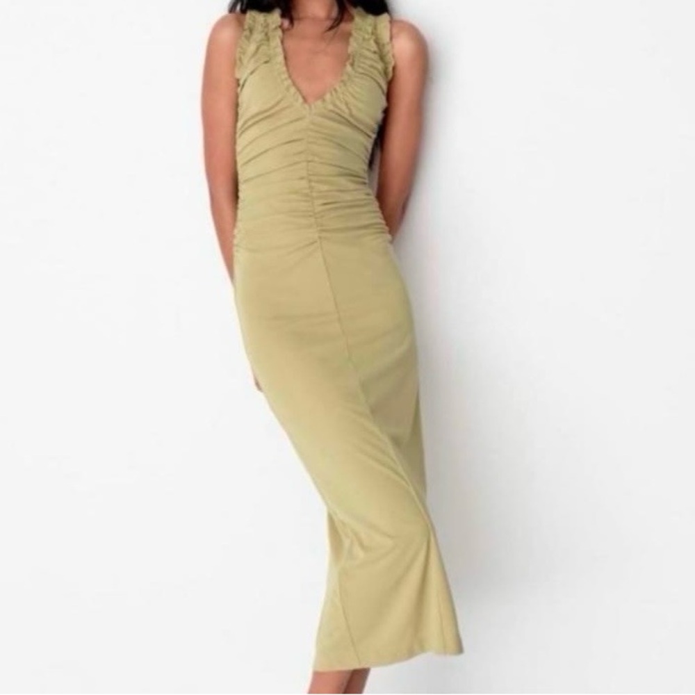 Zara Green Ribbed Sheath Midi Dress V-neck Cocktail